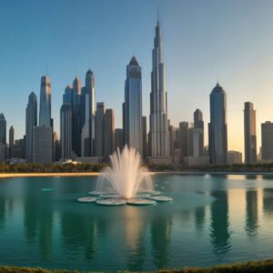 Vista panorámica del desierto de Dubái con dunas doradas al atardecer