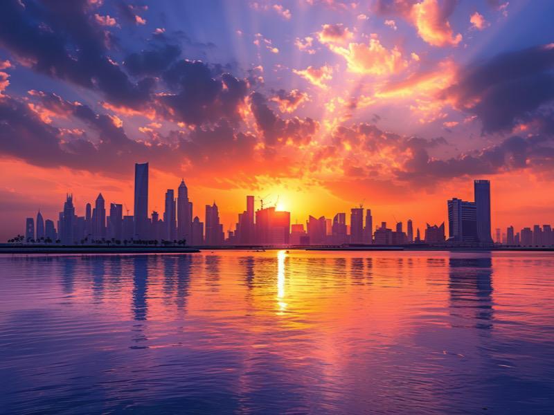 Crucero navegando por las aguas de Dubái con el horizonte urbano al fondo