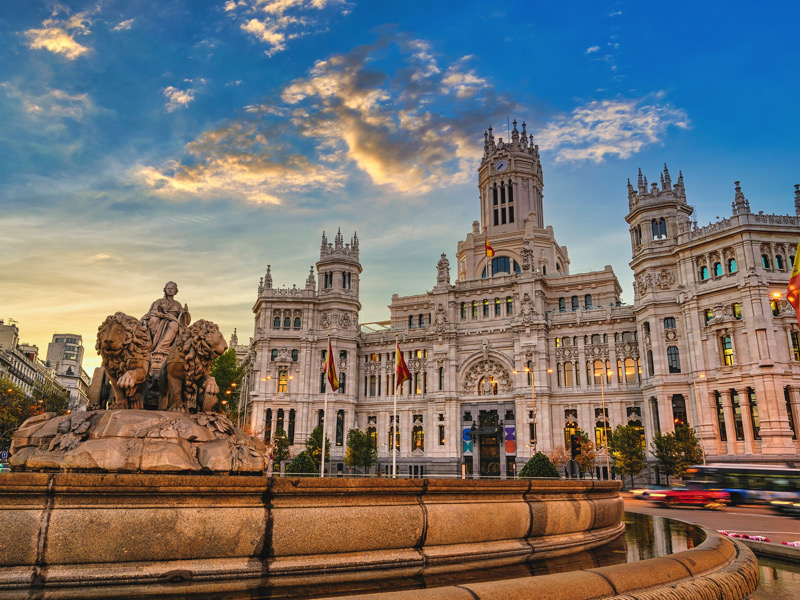 Madrid Spain, sunrise city skyline at Cibeles Fountain Town Square