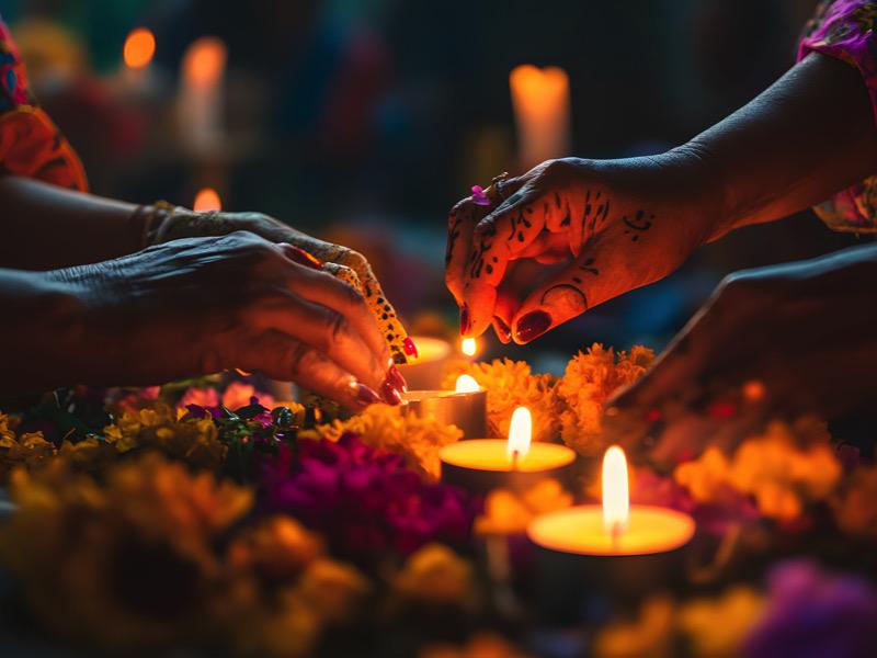 Ofrenda del Día de Muertos con calaveras de azúcar y flores de cempasúchil