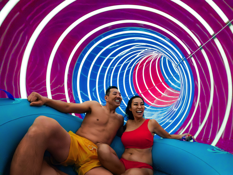 Couple going down waterslide at Category 6 waterpark on Icon of the Seas