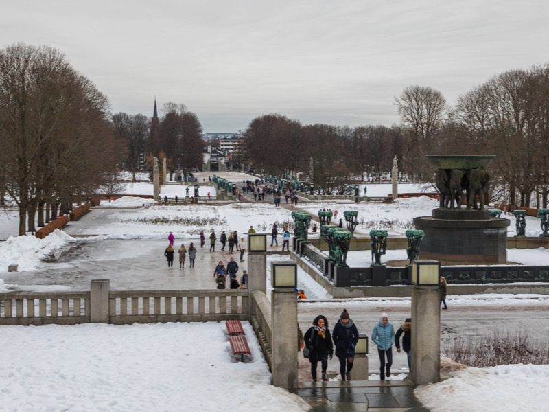 Norway, Oslo - 17 February 2019: Sculpture in Frogner Park, sculpture created by Gustav Vigeland. Public park in capital city of Norway.