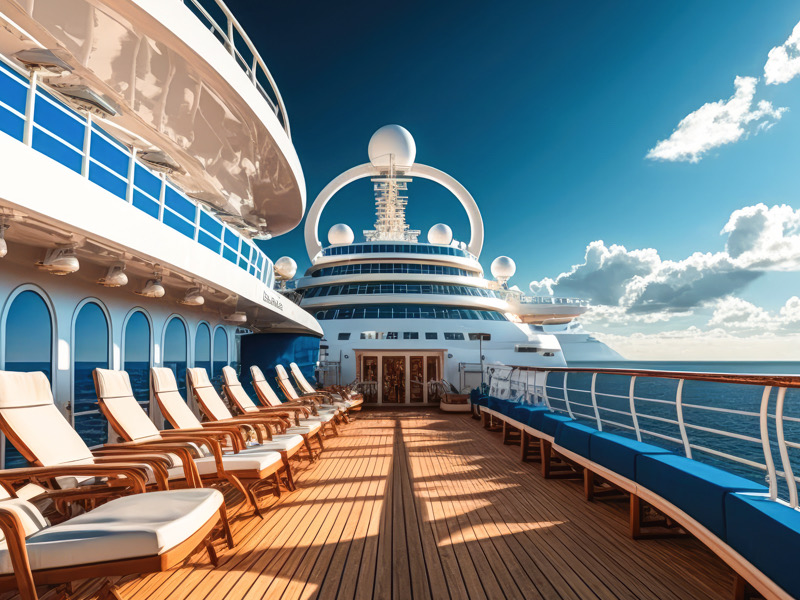 The expansive and pristine deck of a cruise ship, with rows of lounge chairs under a bright blue sky - Generative AI