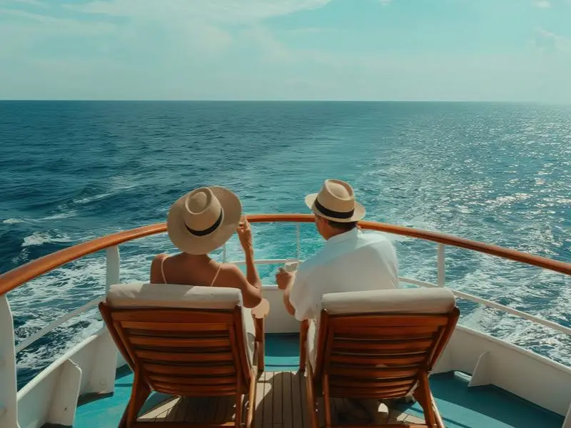 Back view of a retired couple in hats sitting on deck chairs facing the sea on a cruise ship