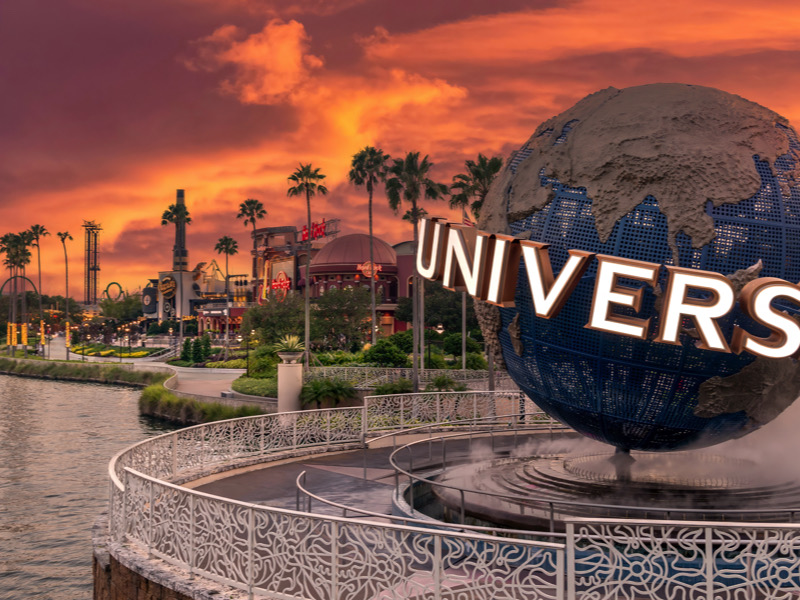 Universal Studios and Islands of Adventure theem parks Florida. City walk and universal globe at the entrance to Hollywood Studios in Orlando Florida